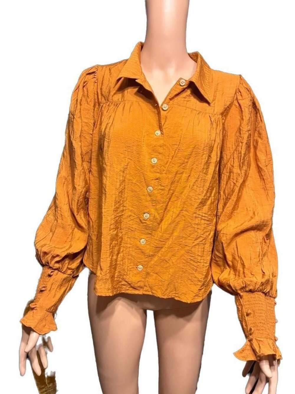 Impressions Online Boutique Mustard Swiss Dot Puff Sleeve Button Down Blouse